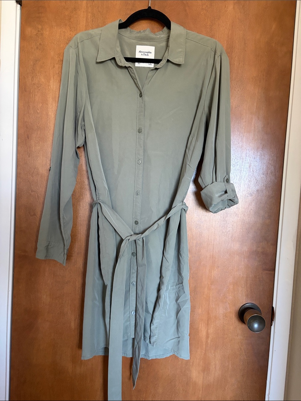 Abercrombie & Fitch Olive Sage Button-Front Midi Shirt Dress